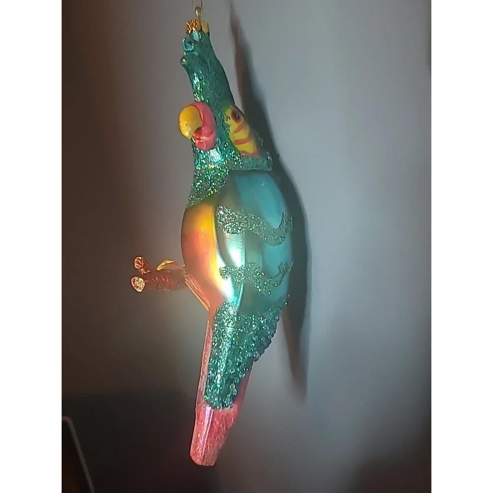 Lot 4 Blown Glass Bird Christmas‎ Ornaments Sparkly Glitter Parrot Owl Cardinal